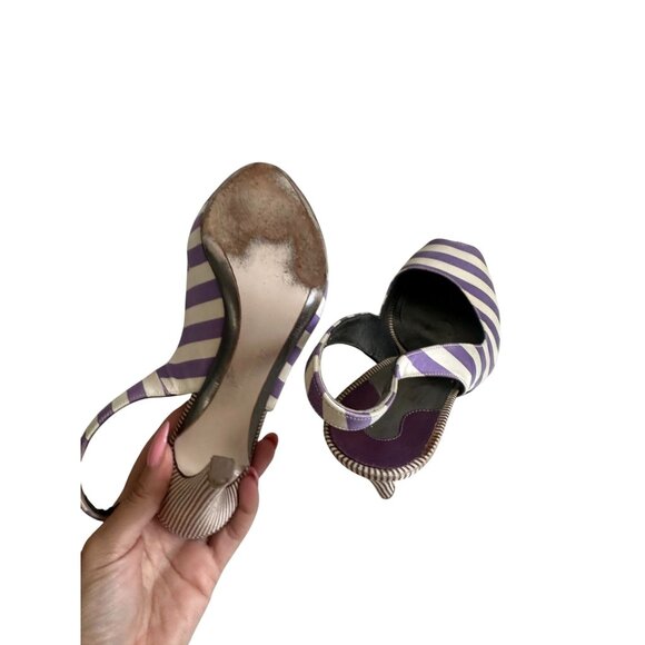 SALVATORE FERRAGAMO Purple White Striped Slingback Heels Size 7 - Picture 5 of 14